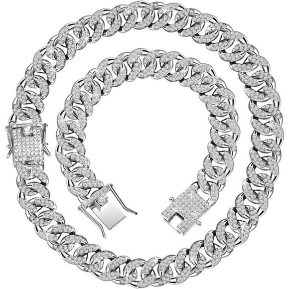 2 Pieces Cuban Link Chain for Women Cuban Necklace Bracelet Heavy - Picture 1 of 7